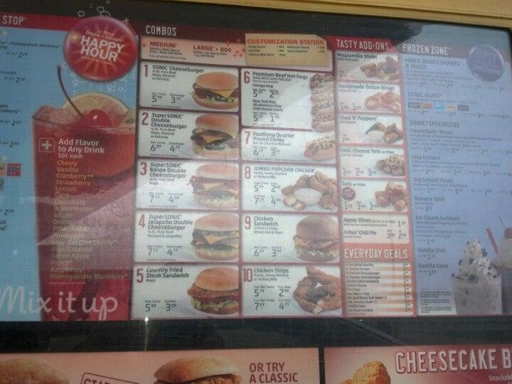 Menu at Sonic Drive-In fast food, Palestine, TX-256 Loop