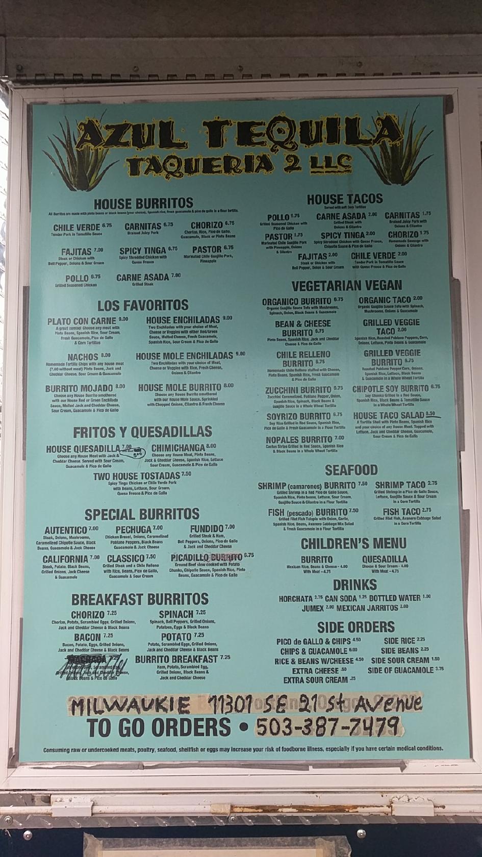 Carta del restaurante Azul Tequila Taqueria, Portland, SE Powell Blvd