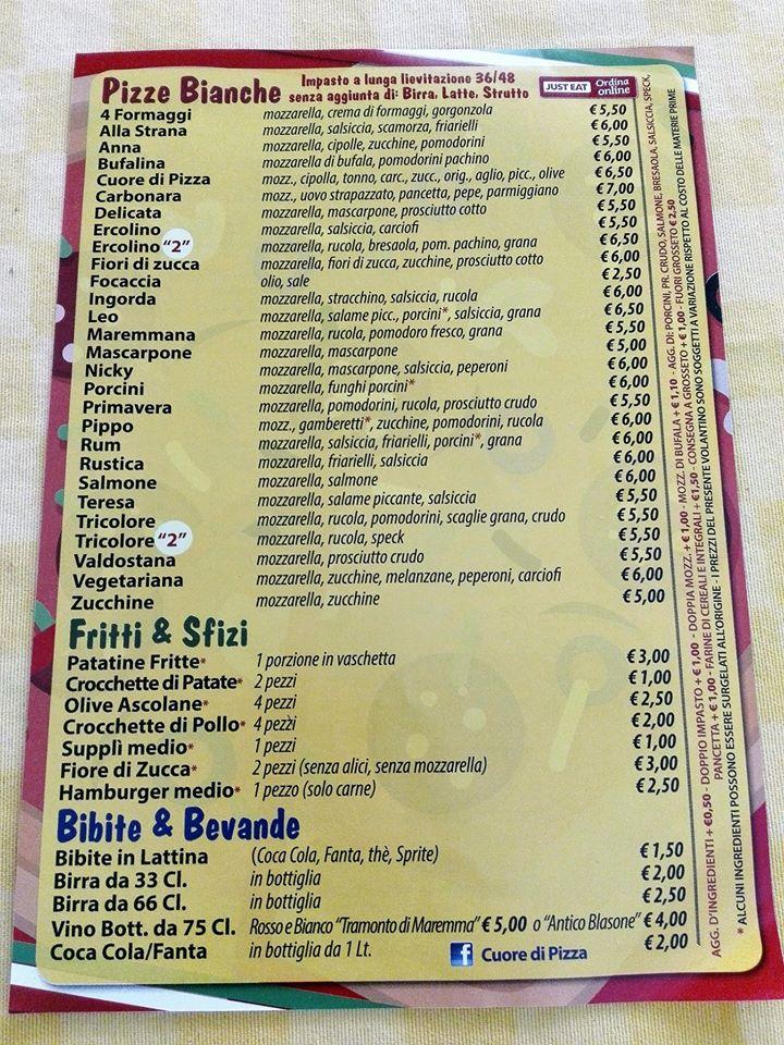 Menu at Cuore di Pizza pizzeria, Grosseto
