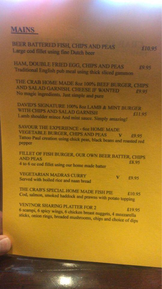 Menu at The Crab & Lobster Tap pub & bar, Ventnor