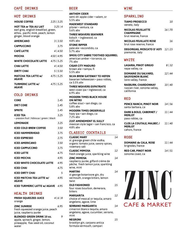 Menu at Zinc Cafe & Market, Laguna Beach