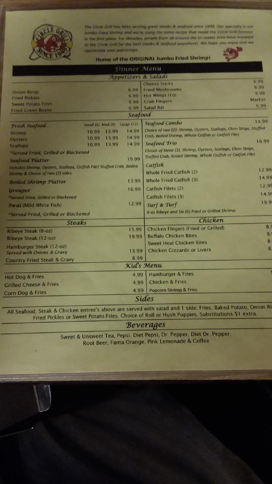 Menu at Circle Grill restaurant, Graceville