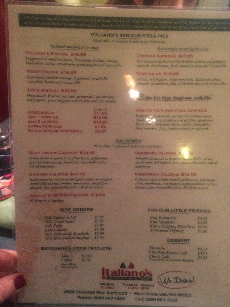Menu at Italiano's Serious Pies & Pasta Restaurant, West Richland