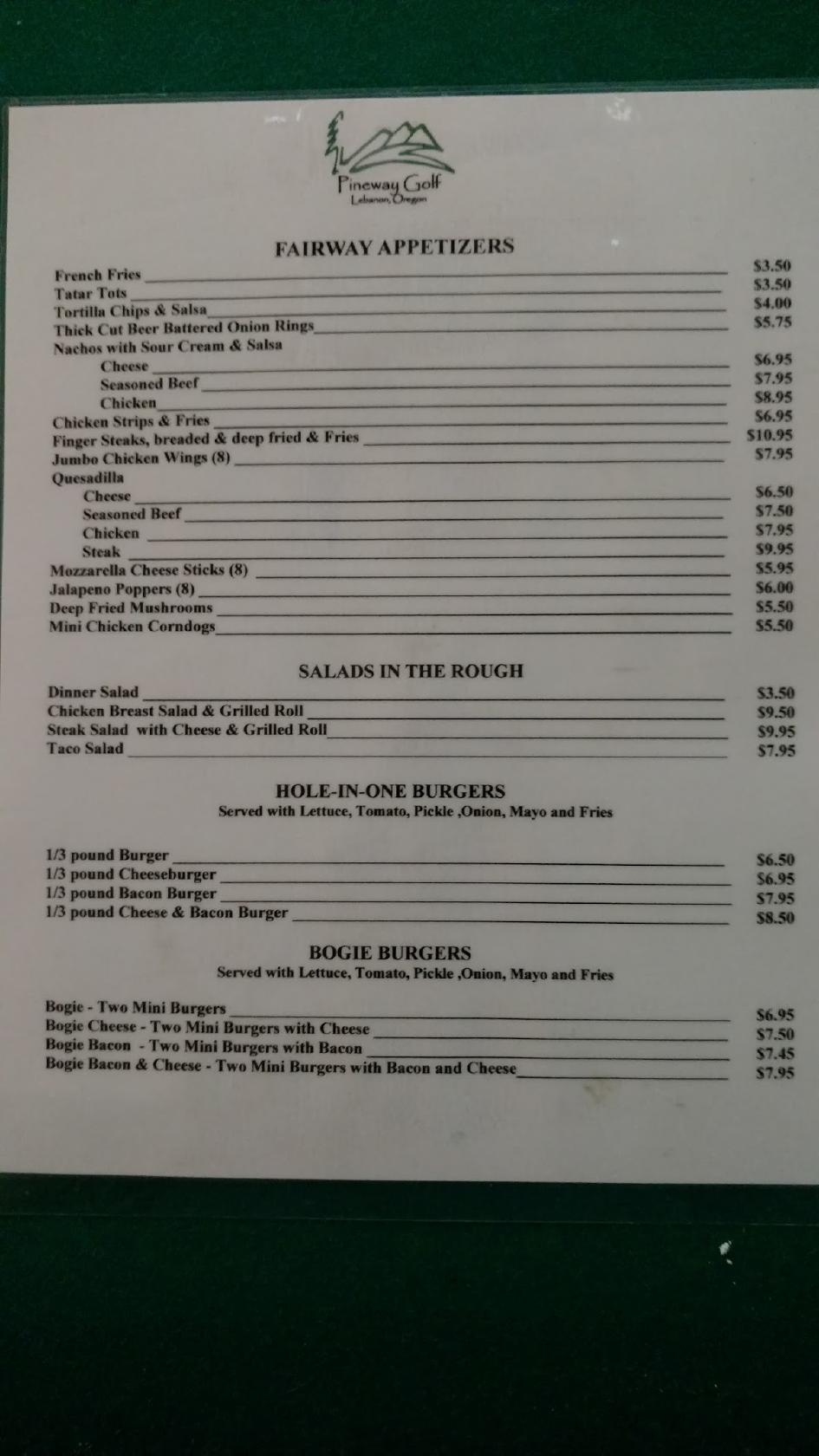 Menu at Pineway Golf Course pub & bar, Lebanon