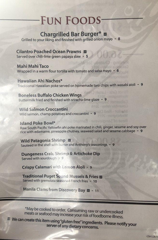 Menu at Anthony's at Coeur d'Alene restaurant, Coeur d'Alene