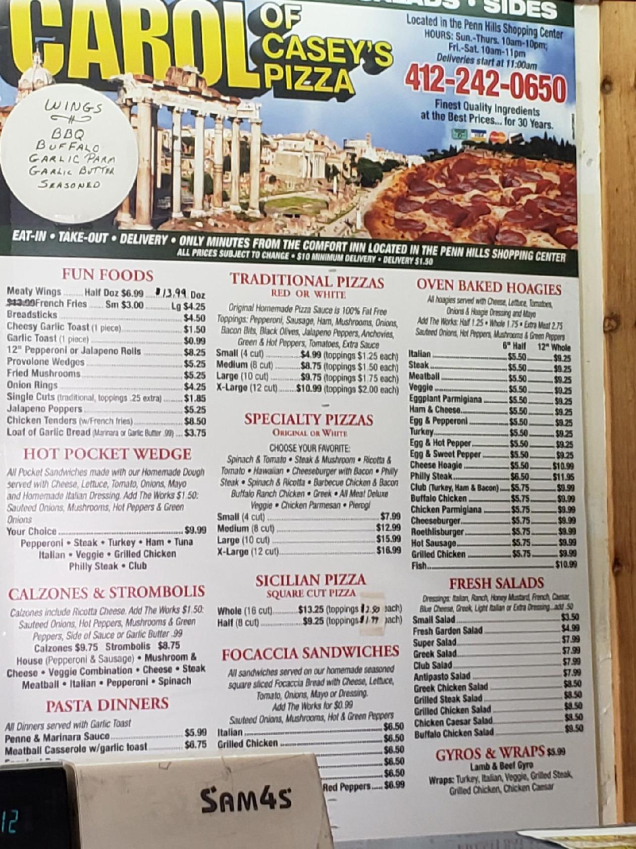 Menu at Carol of Caseys Pizza Shop pizzeria, Penn Hills