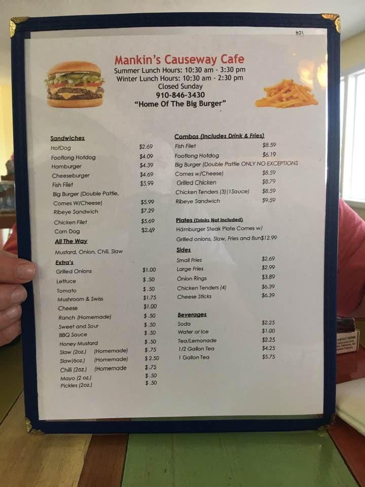 Menu at Mankins Causeway Cafe, Holden Beach