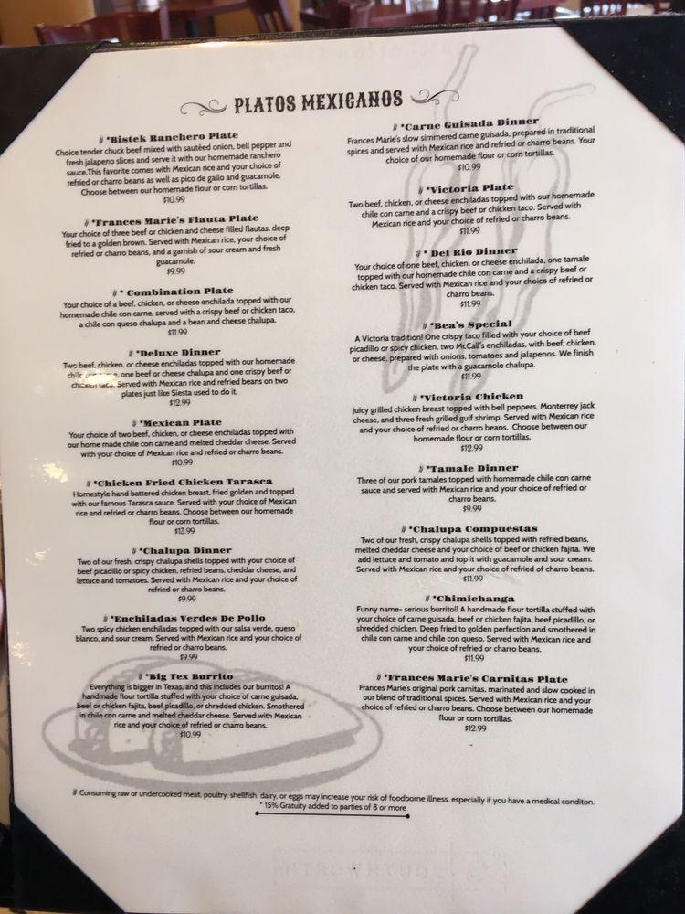 Menu at Frances Marie's Restaurant & Cantina, Victoria