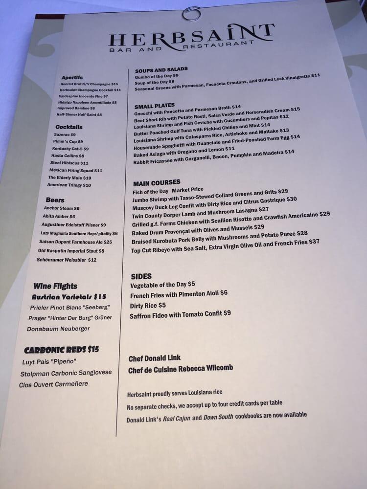 Menu at Herbsaint restaurant, New Orleans