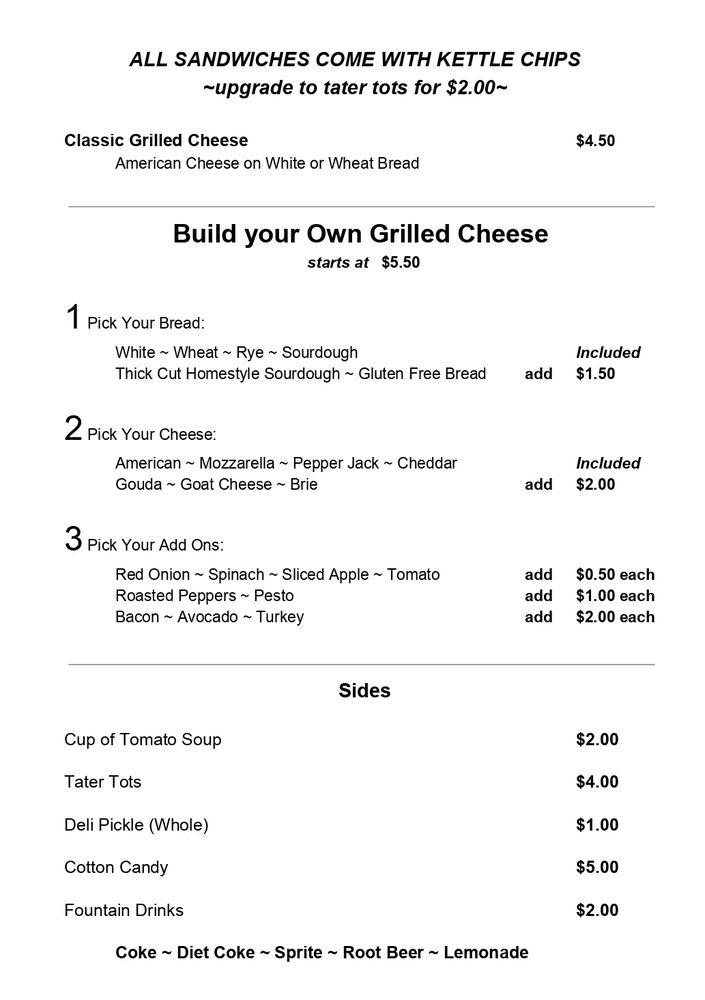 Menu at The Grilled Cheese Shack restaurant, Saugatuck