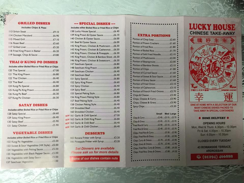 Menu at Lucky House fast food, Ardrossan
