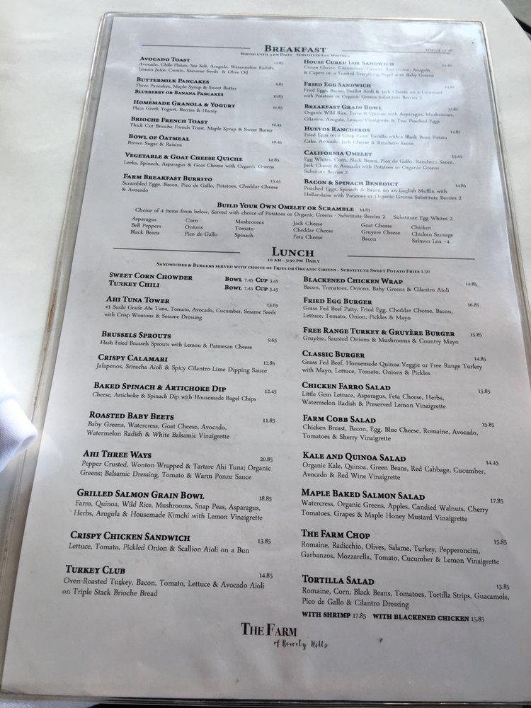 Menu at The Farm of Beverly Hills restaurant, Beverly Hills,