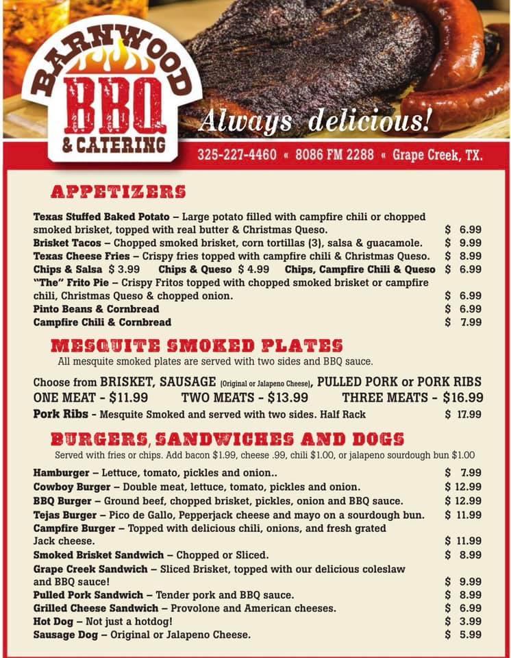 Menu at Barnwood BBQ and Catering, San Angelo