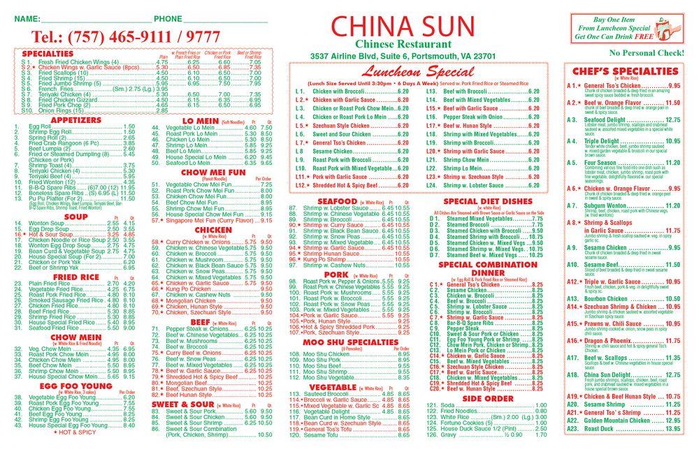 Menu at China Sun restaurant, Portsmouth, Airline Blvd #6