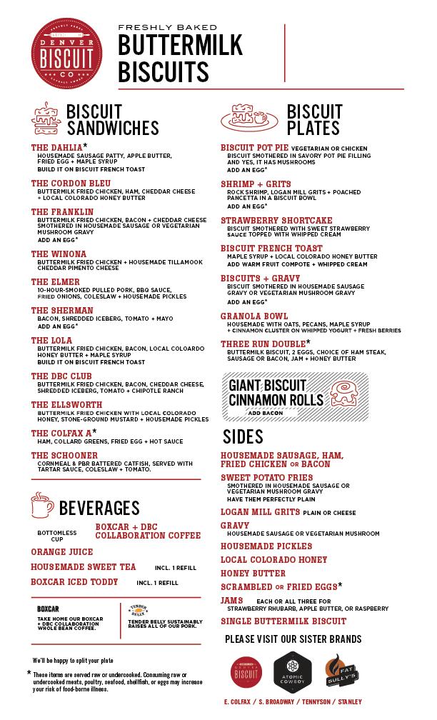 Menu at Denver Biscuit Company restaurant, Colorado Springs