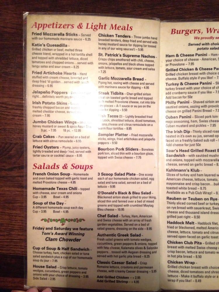 Menu at Katie O'Donald's pub & bar, Bluffton