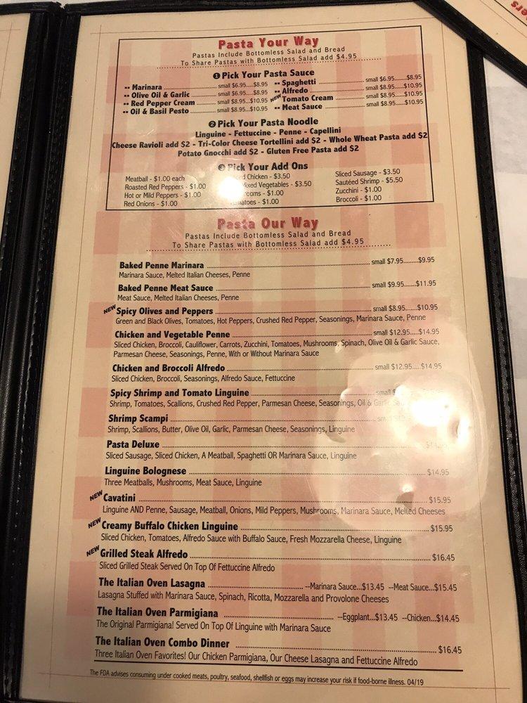 Menu at The Italian Oven Restaurant of Johnstown, USA