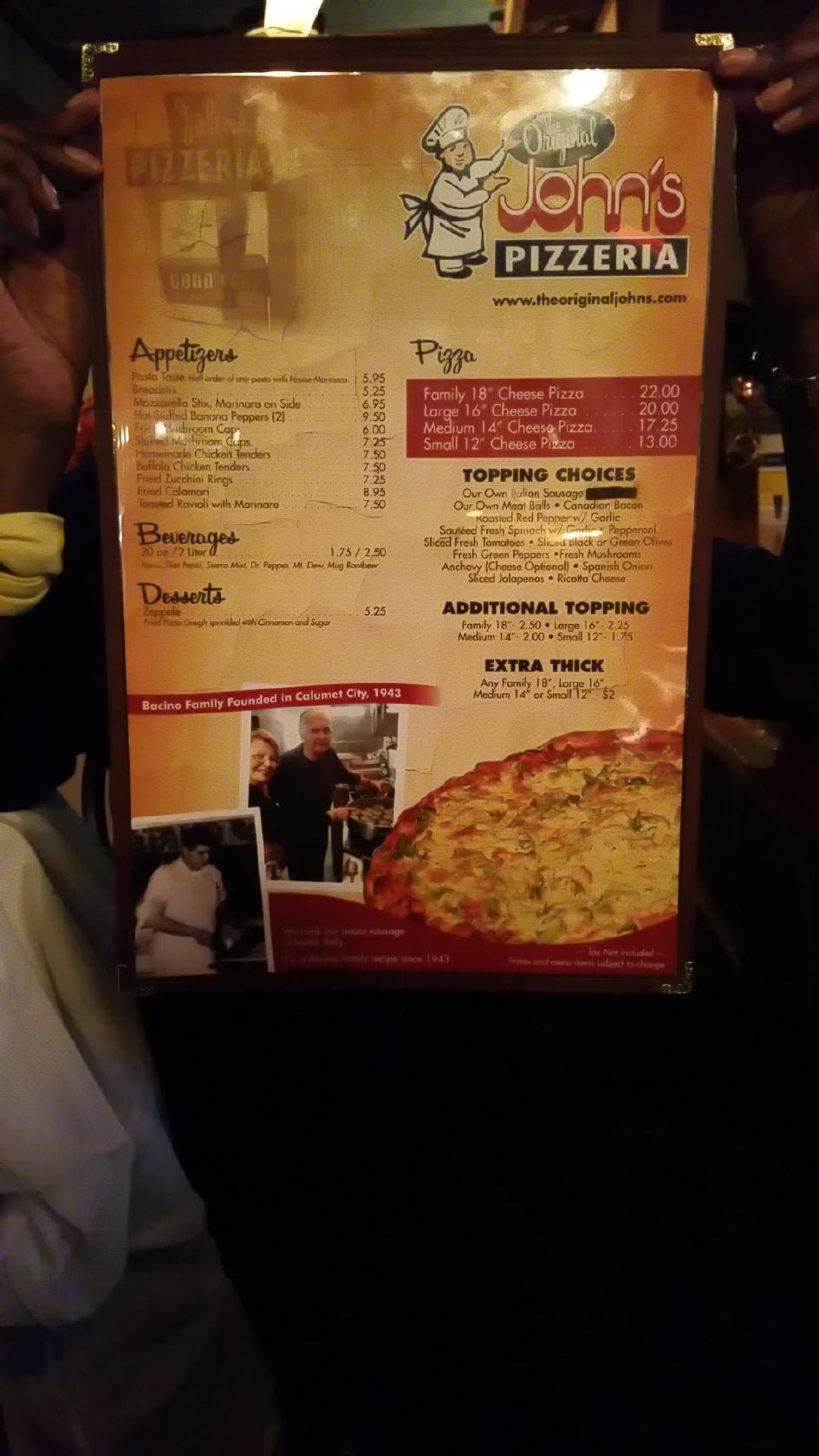 Menu at The Original John's Pizzeria, Munster