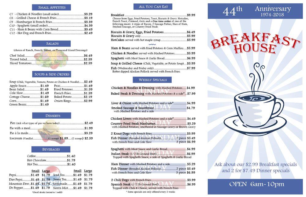 Menu at Breakfast House Inc restaurant, Kokomo