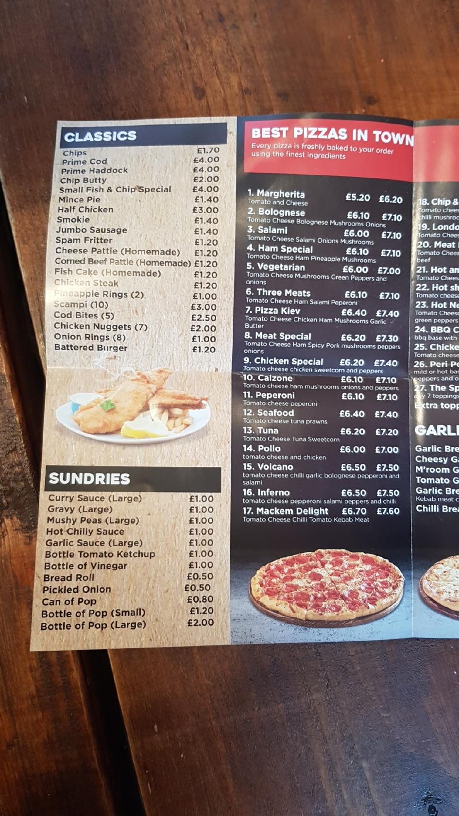 Menu at Chip & Fish pizzeria, Sunderland