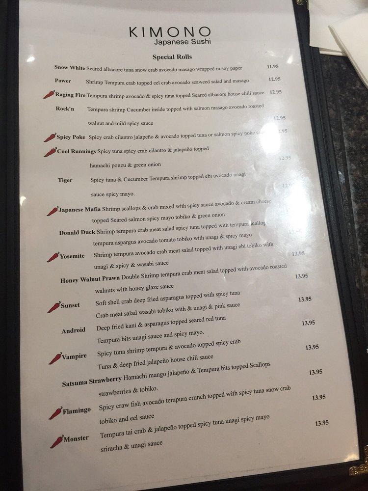Menu at Kimono restaurant, Tracy