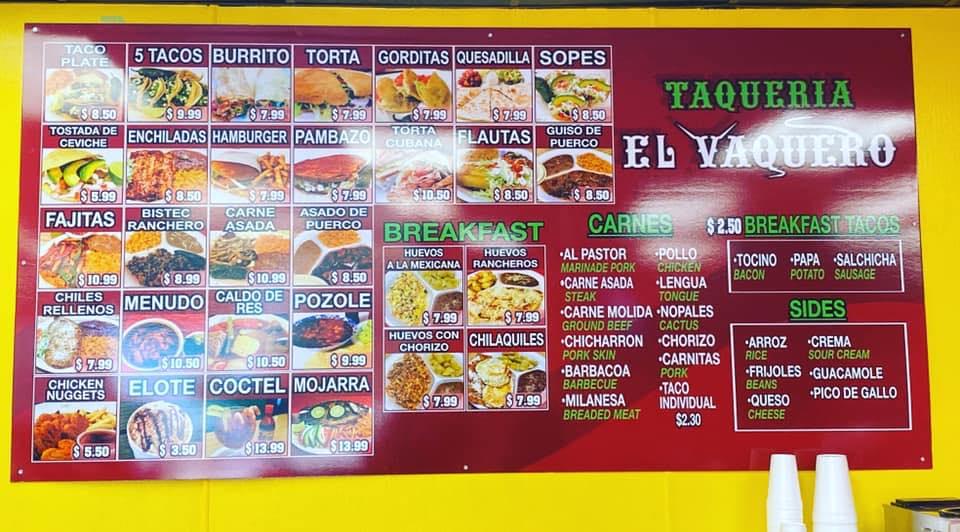 Menu at Taqueria El Vaquero restaurant, Gainesville