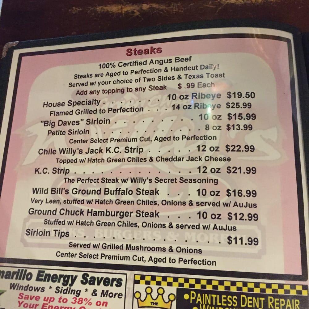 Menu at Green Chile Willy's steakhouse, Amarillo