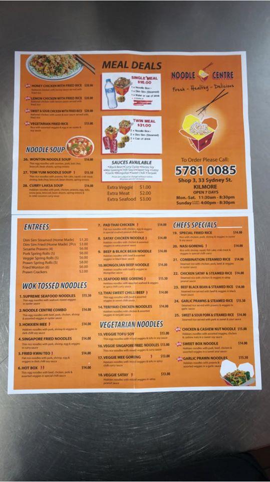 Menu at Noodle Centre restaurant, Kilmore