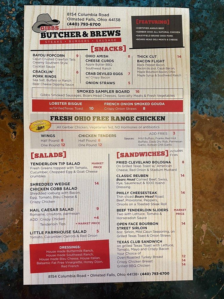 Menu at Gibbs Butcher and Brews restaurant, Olmsted Falls