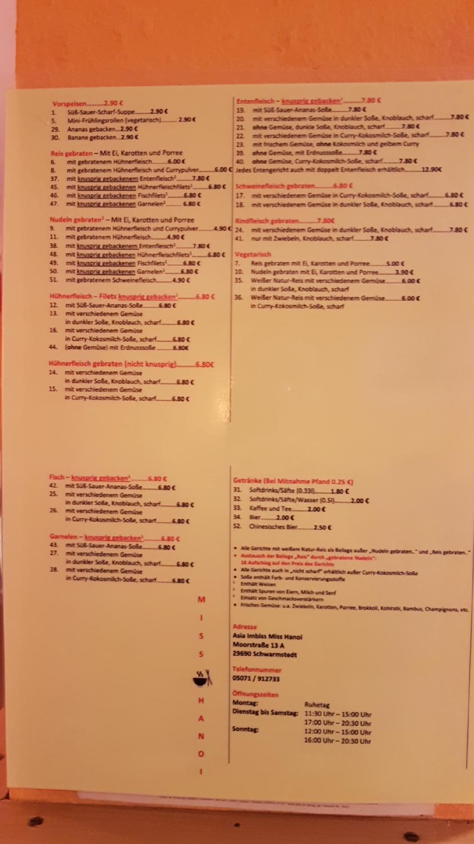 Speisekarte Von Miss Hanoi Restaurant Schwarmstedt