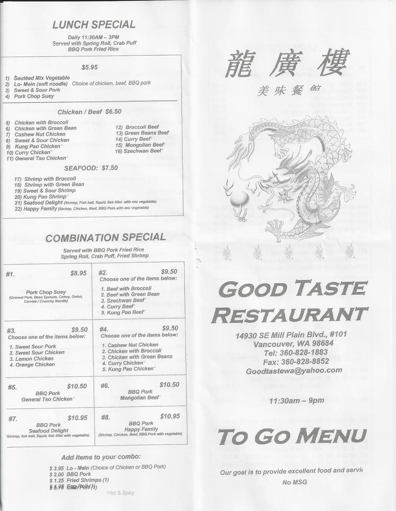 Menu at Good Taste Restaurant, Vancouver