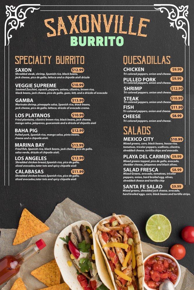 Menu at Saxonville Burrito Company fast food, Framingham