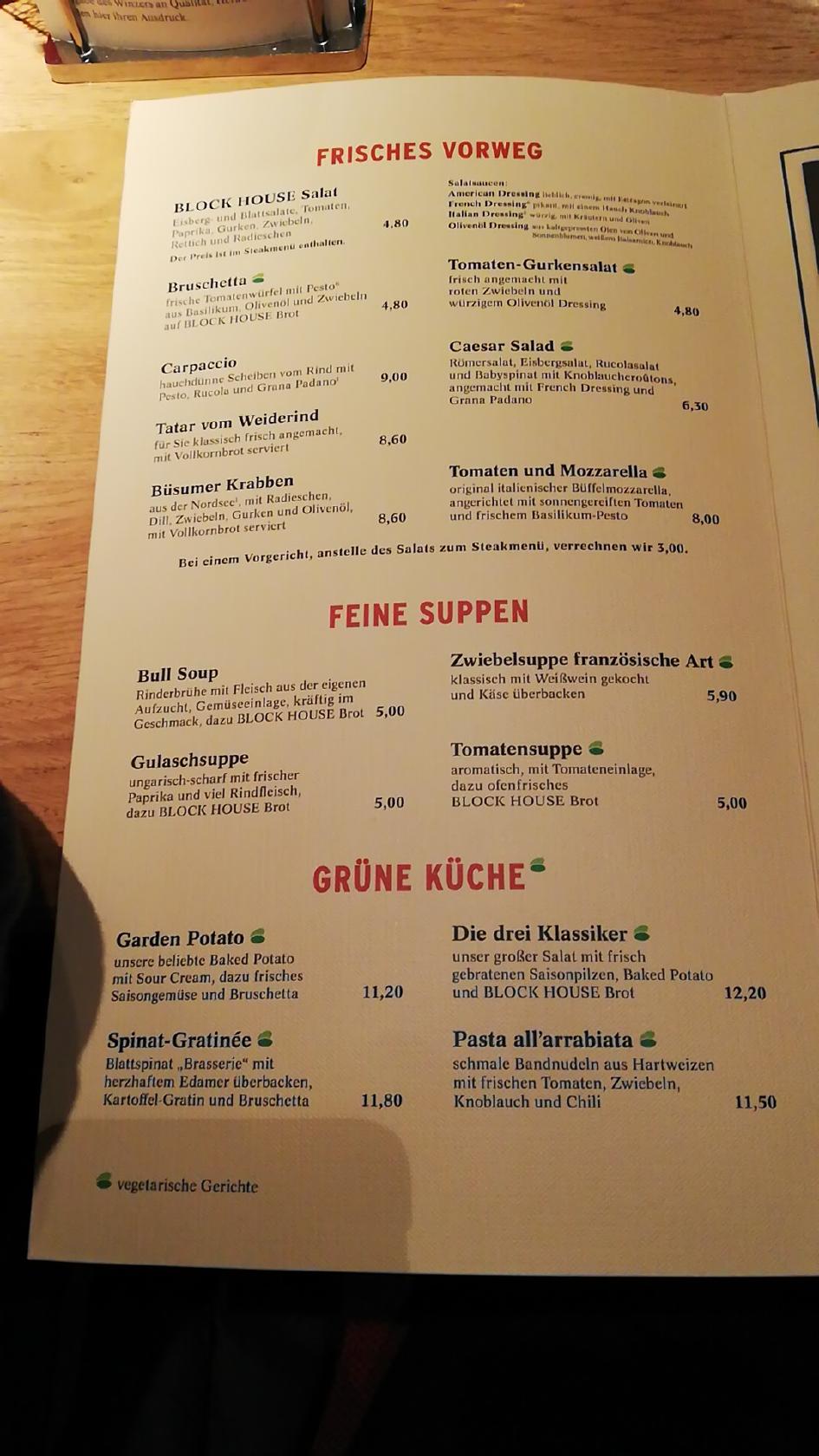 Speisekarte von BLOCK HOUSE Am Kröpcke steakhaus, Hannover