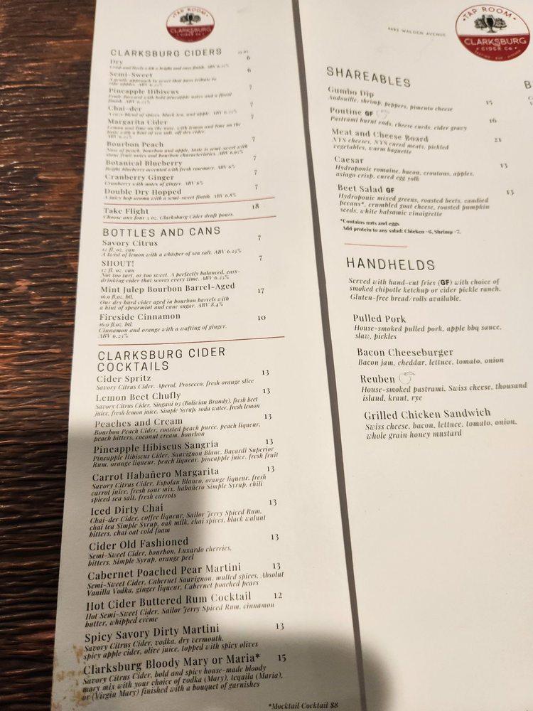 Menu at The Tap Room at Clarksburg Cider pub & bar, Town Line