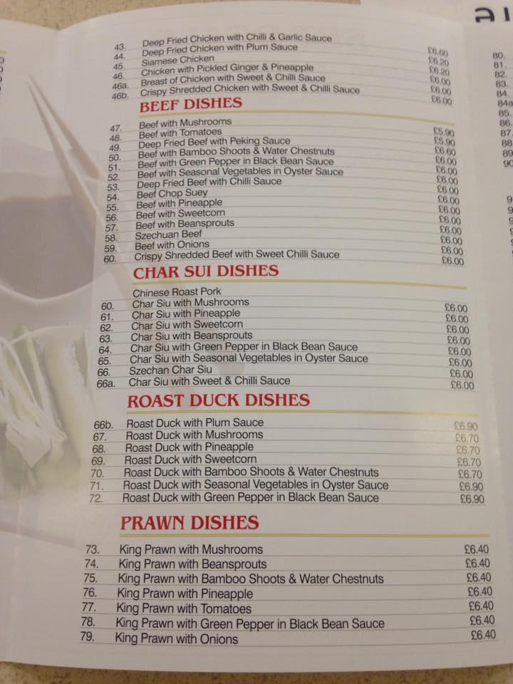 Menu at Flying Dragon Carry Out fast food, Stirling