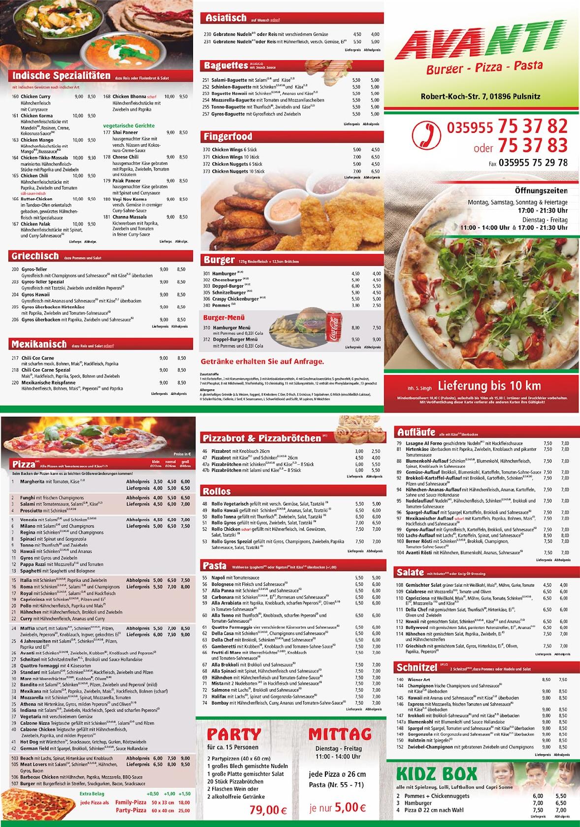 Speisekarte von AVANTI Pizza Pasta bürger, Pulsnitz