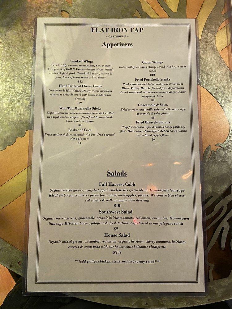 Menu at Flat Iron Tap pub & bar, Lake Geneva