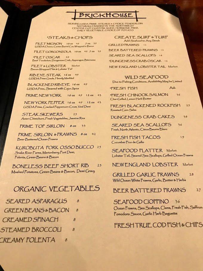 Menu at Brickhouse steakhouse, Redmond