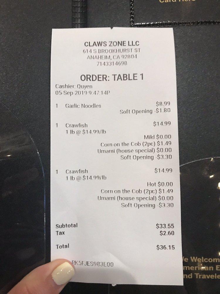 Menu at Claws Zone Anaheim restaurant, Anaheim