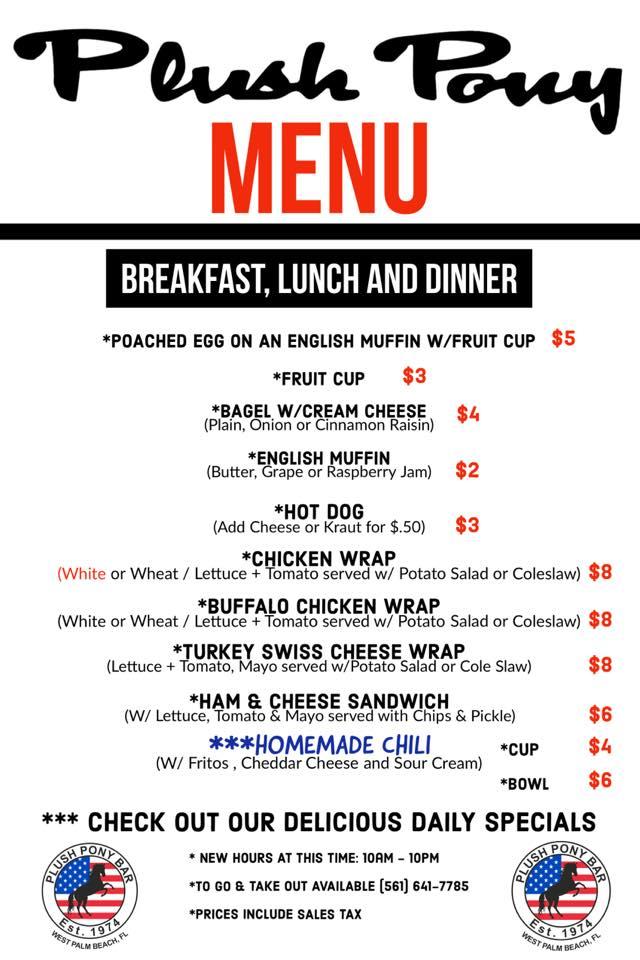 Menu at Plush Pony Lounge, West Palm Beach