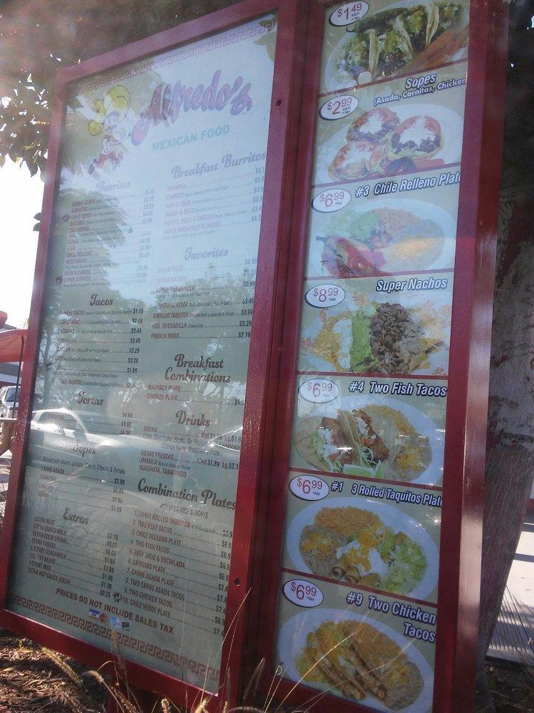 Menu at Alfredo's Mexican Food restaurant, Bell Gardens, Eastern Ave