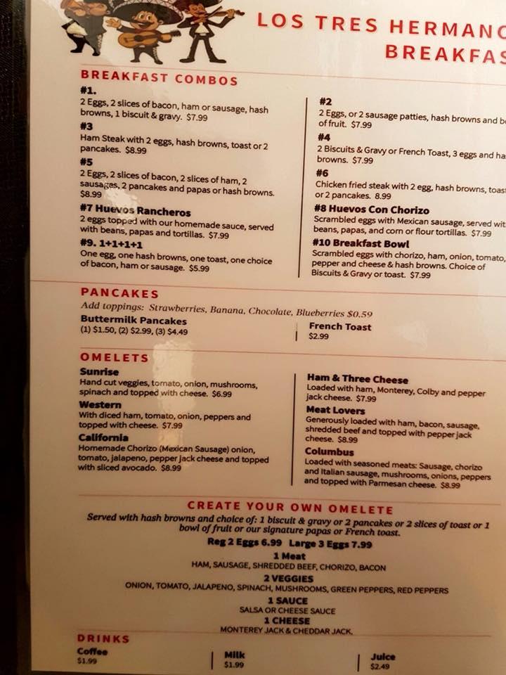 Menu at Los Tres Hermanos restaurant, Hominy