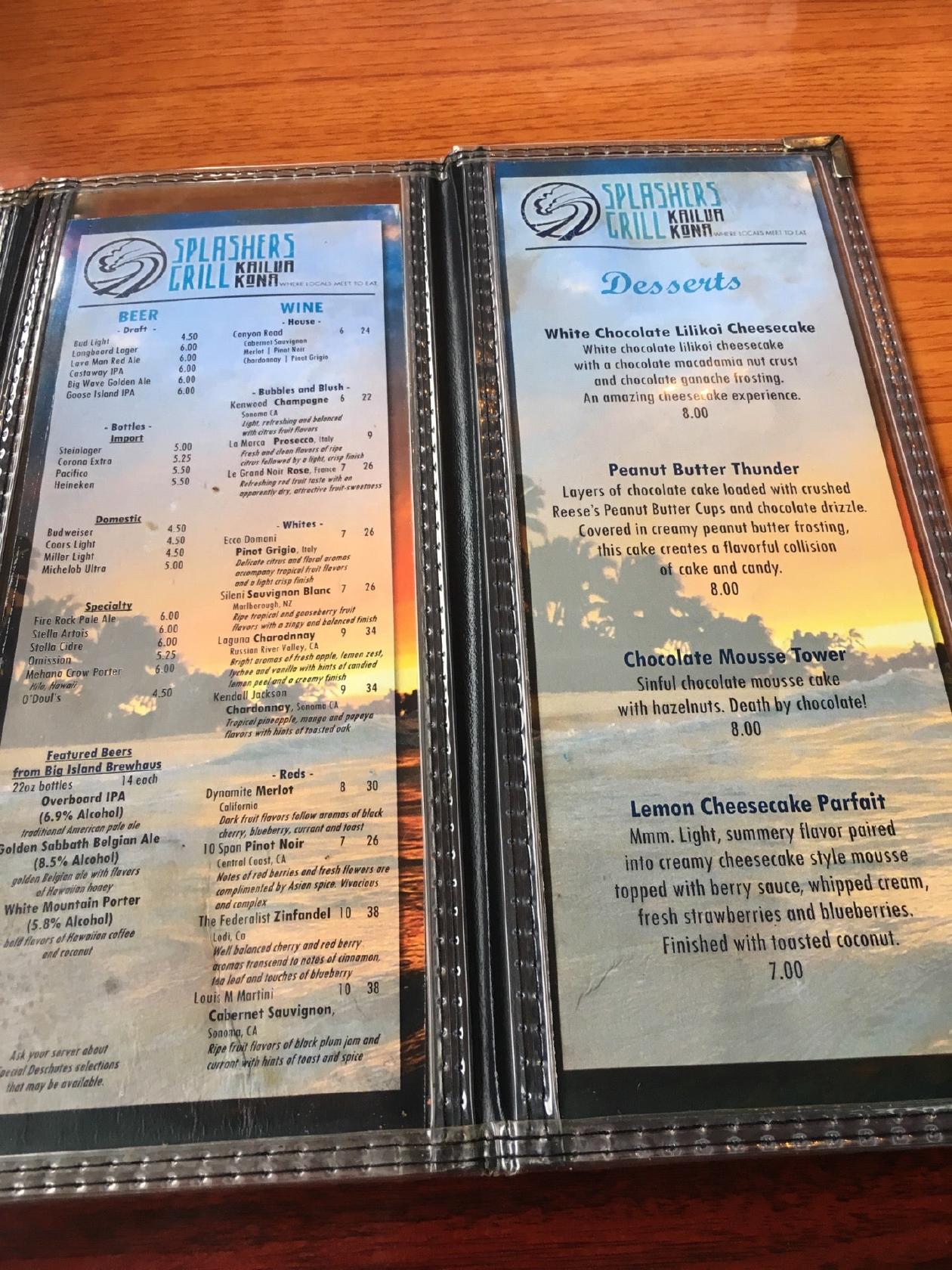 Menu at Splashers Grill pub & bar, KailuaKona