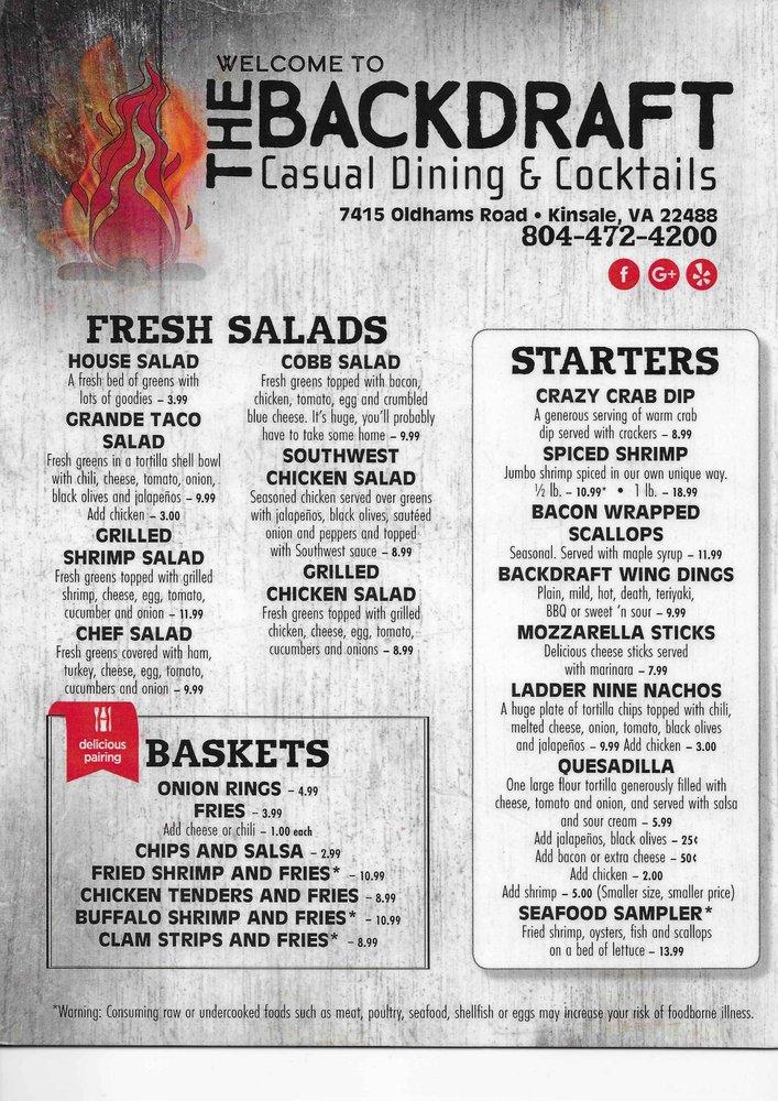 Menu at Backdraft steakhouse, Kinsale, Oldhams Rd