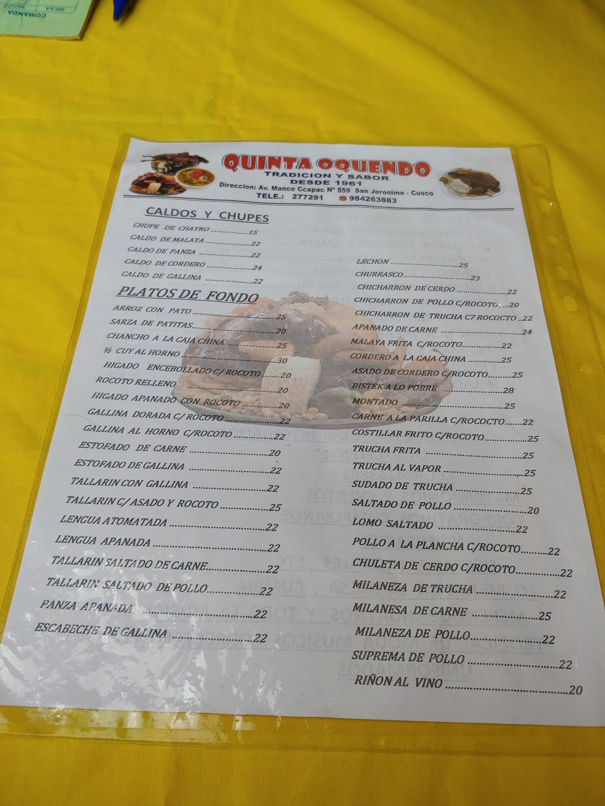 Menu at Quinta Oquendo restaurant, Cusco