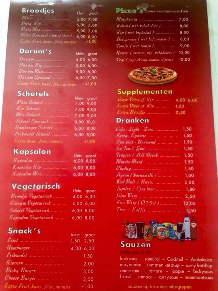 Menu at Pitta Yasin, Bruges