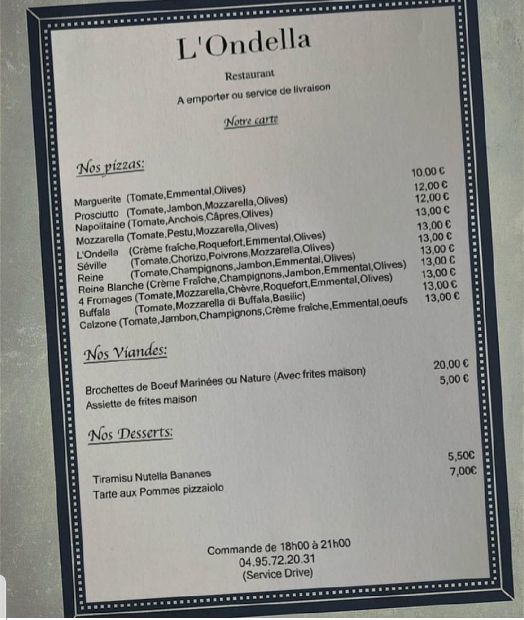 Menu au Ondella restaurant, PortoVecchio, U Paese di l'Ondella