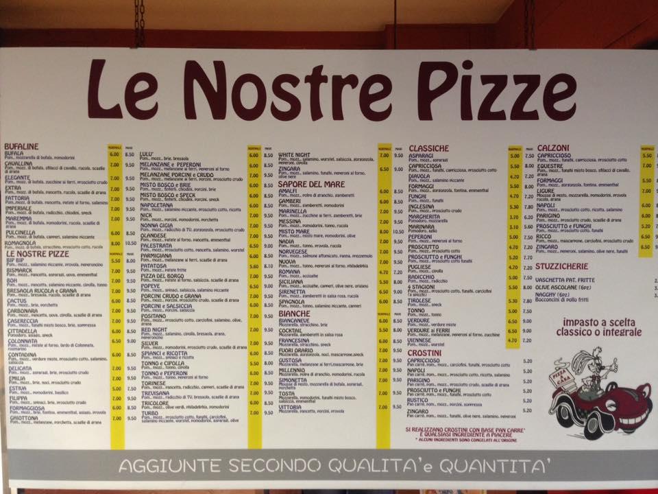 Carta de pizzería Turbo Pizza, Cittadella