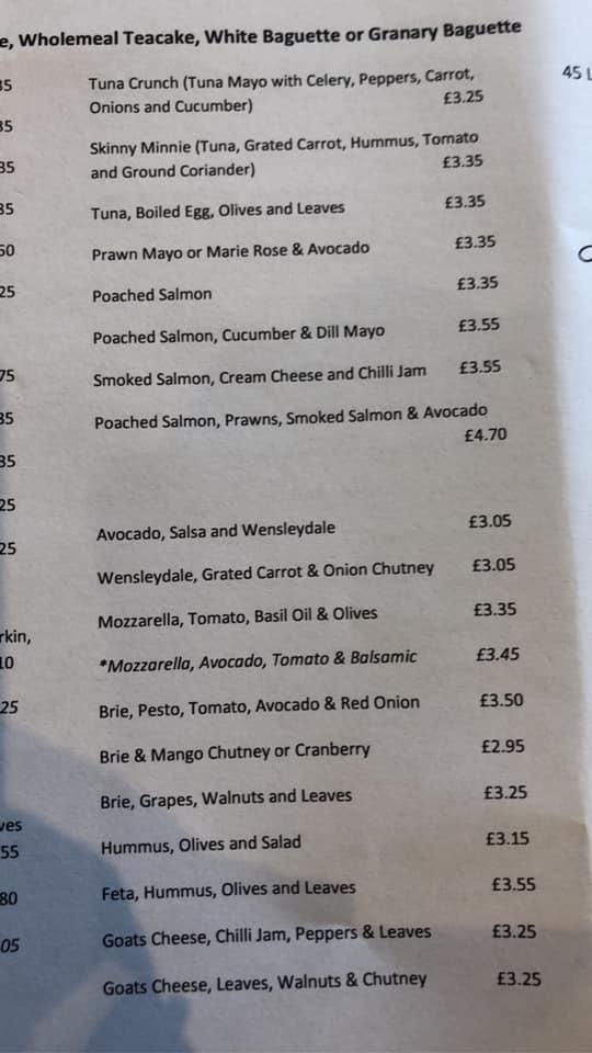 Menu at Lindley's cafe, Huddersfield
