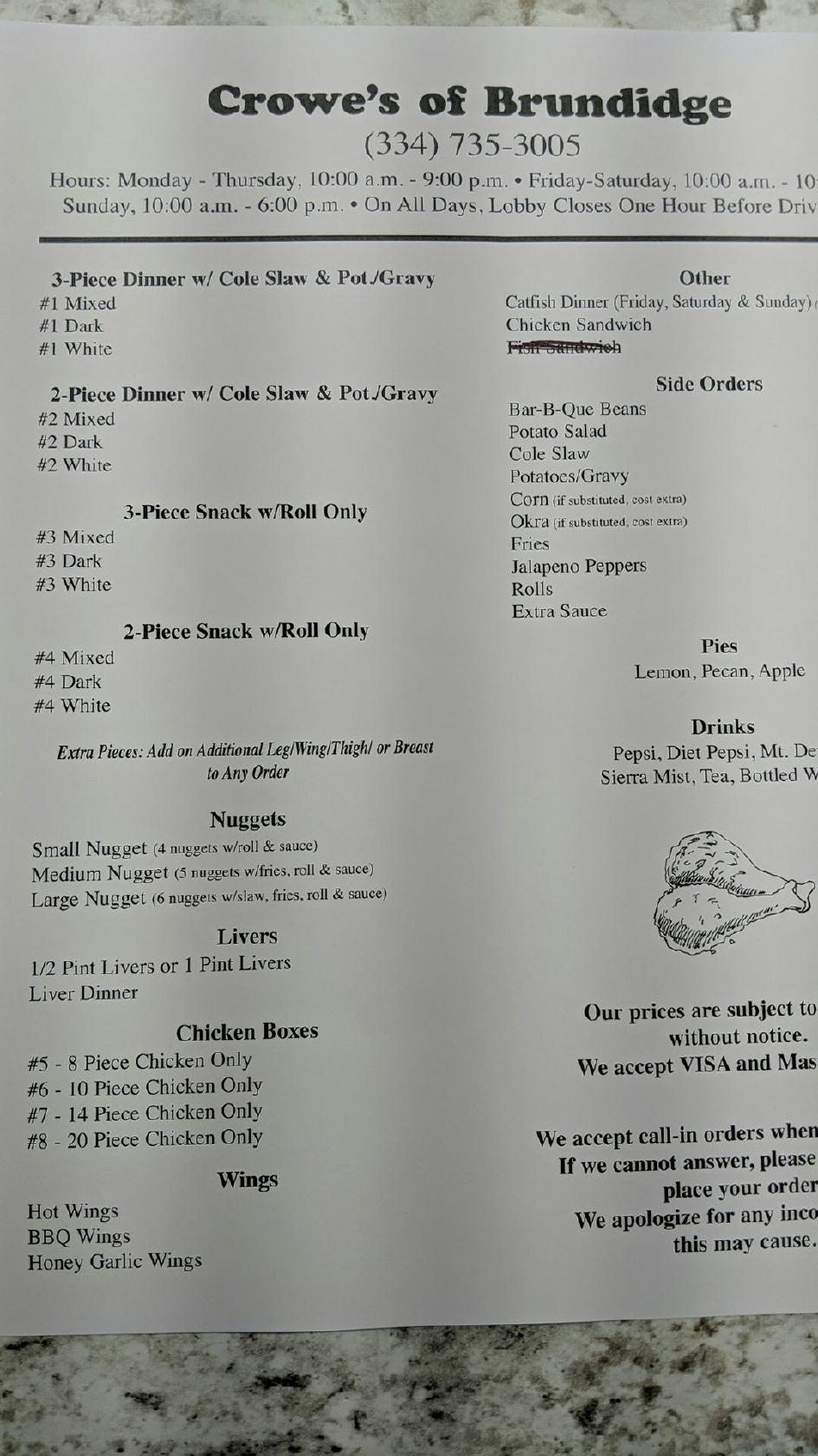 Menu at Crowe's Chicken restaurant, Brundidge